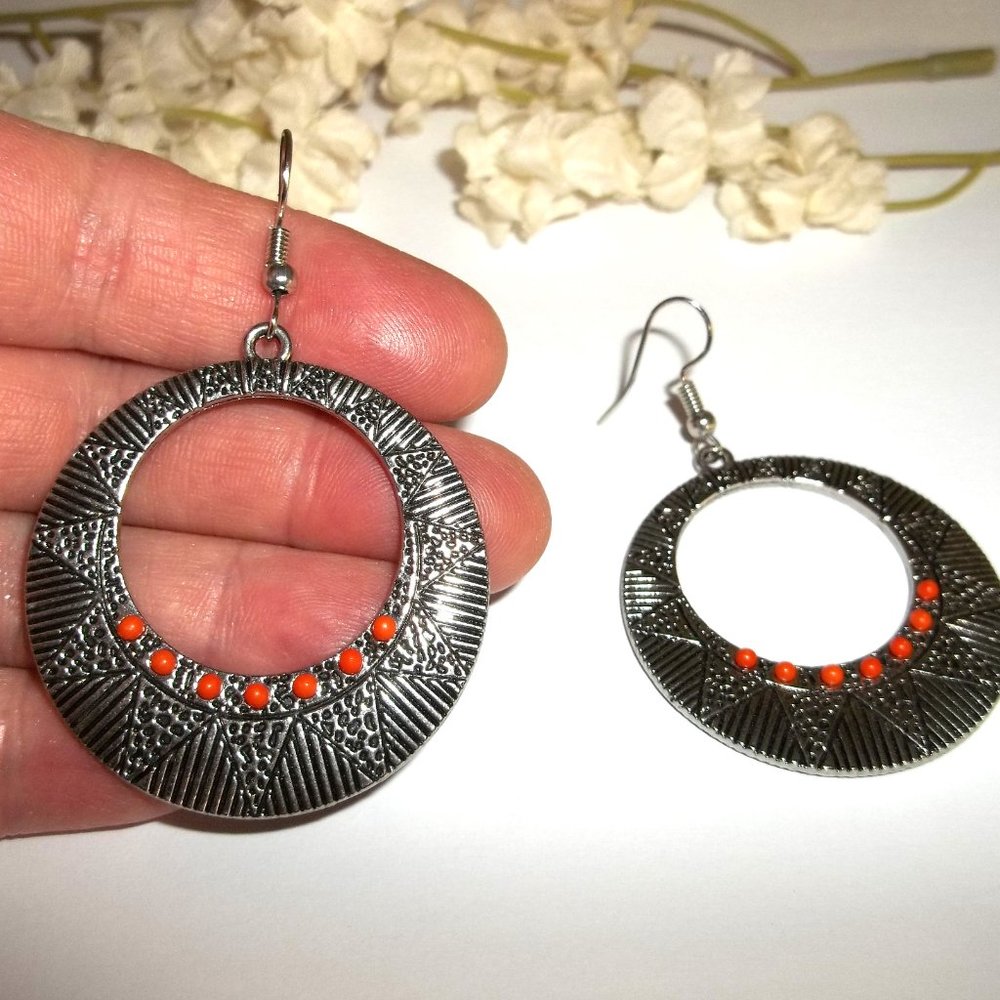 Hoop Earring Orange Silver Southwestern Tribal Aztec Boho Style Drop Dangle A683